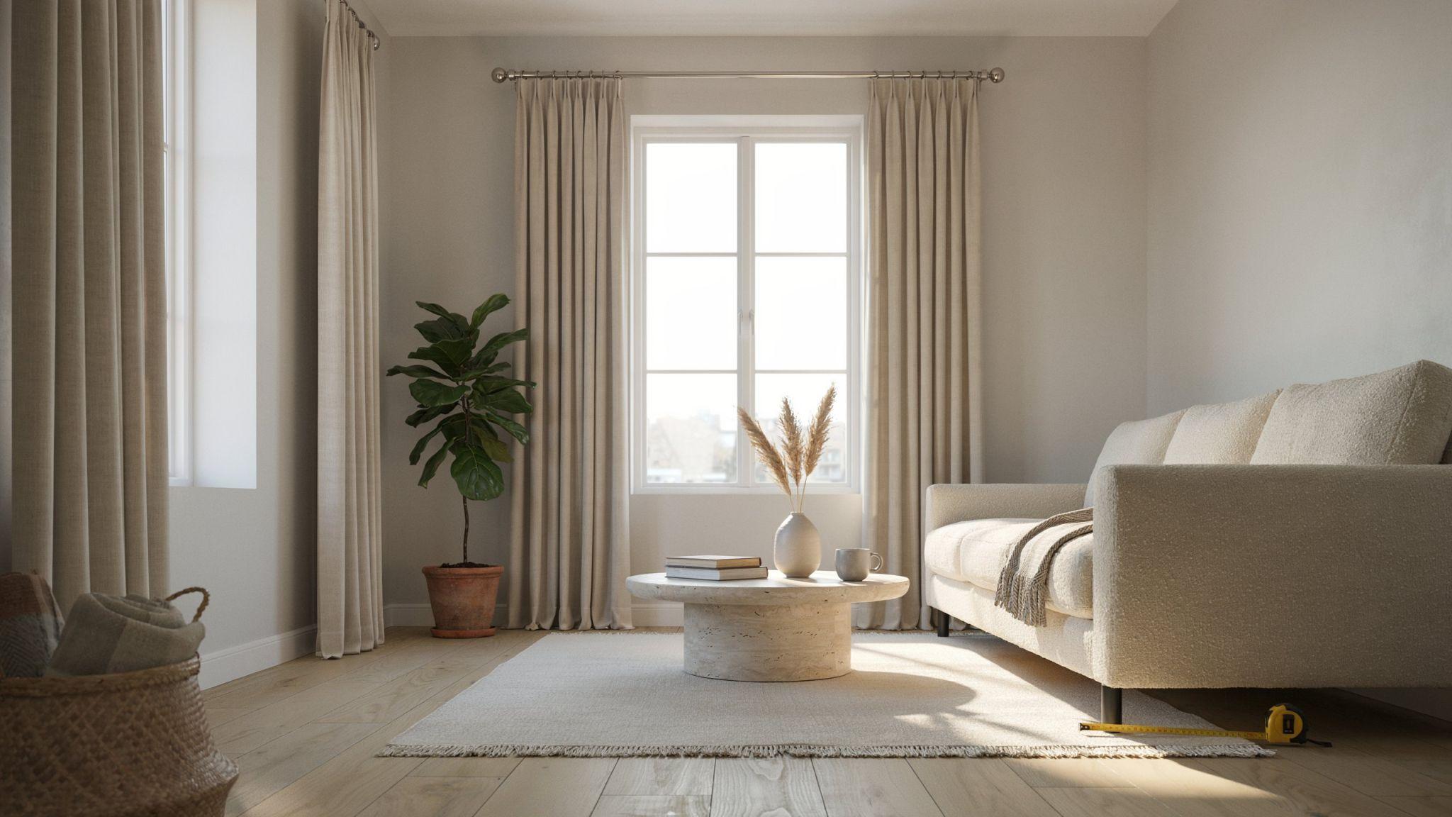 Curtain rod extending beyond window frame allowing curtains to stack neatly aside.