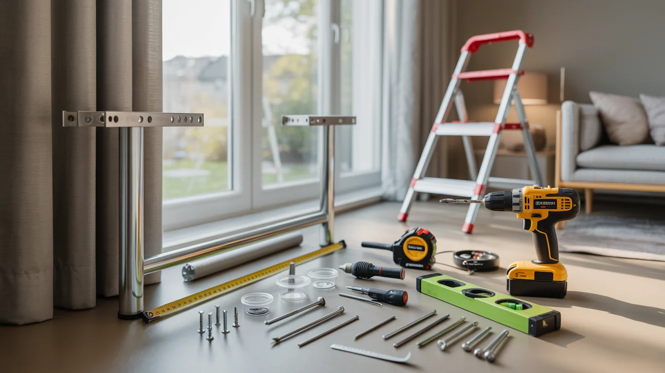 "Tools and supplies arranged for hanging grommet curtains, including curtain rod, drill, measuring tape, level, and ladder near a window"