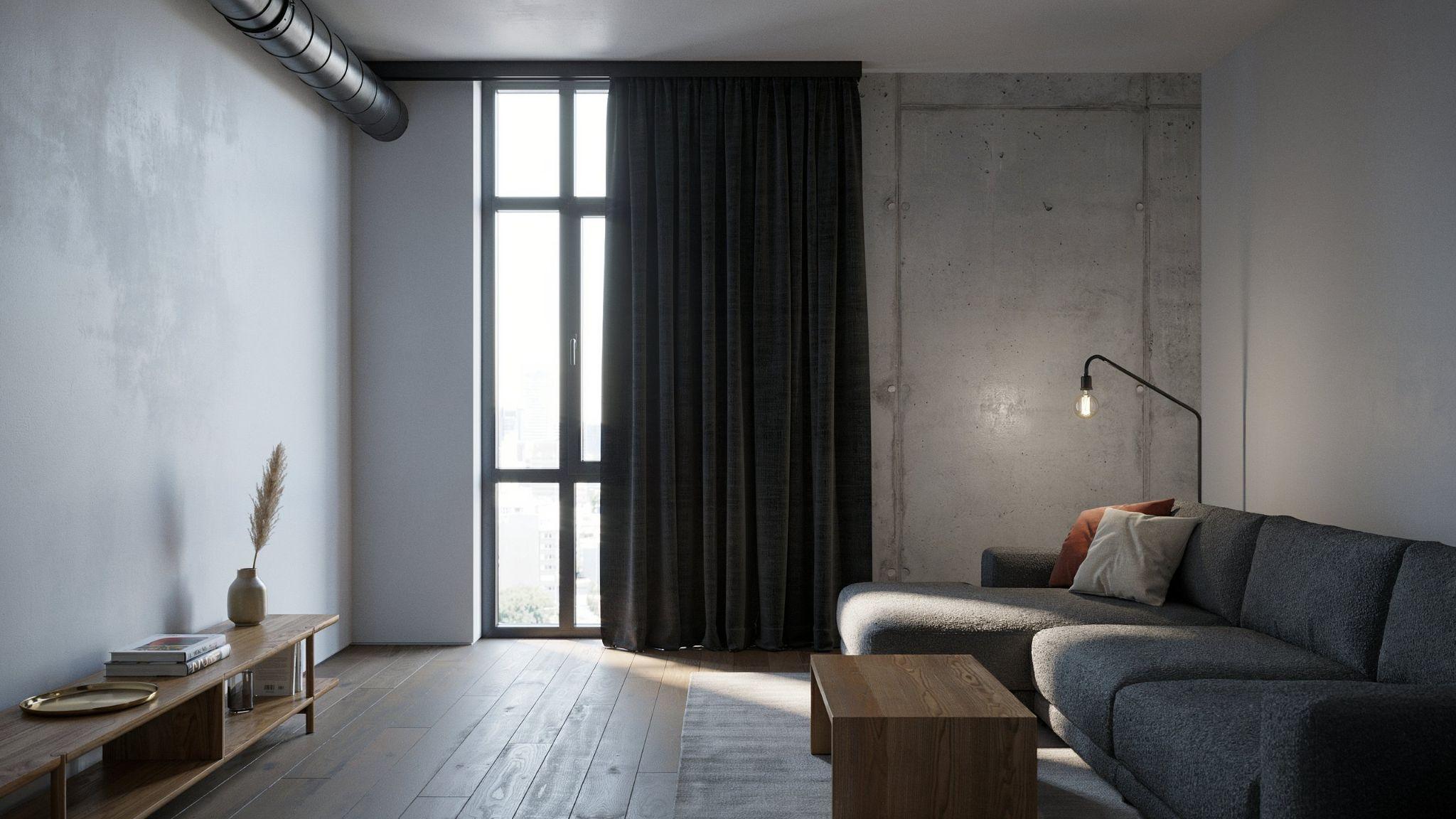 "Modern industrial gray living room with bold black floor-length curtains creating high contrast against light gray walls"