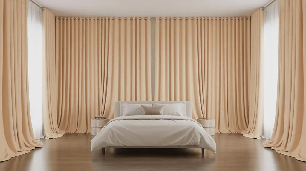Curtains behind bed acting as a headboard substitute in a minimalist bedroom.