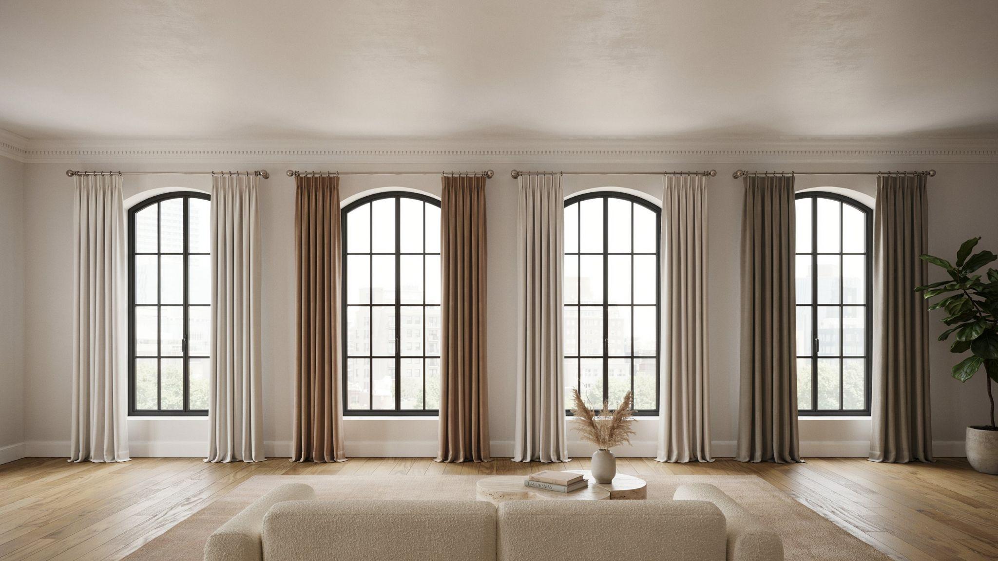 Four curtain styles showing floating, floor-kissing, break, and puddled finishes on tall windows.