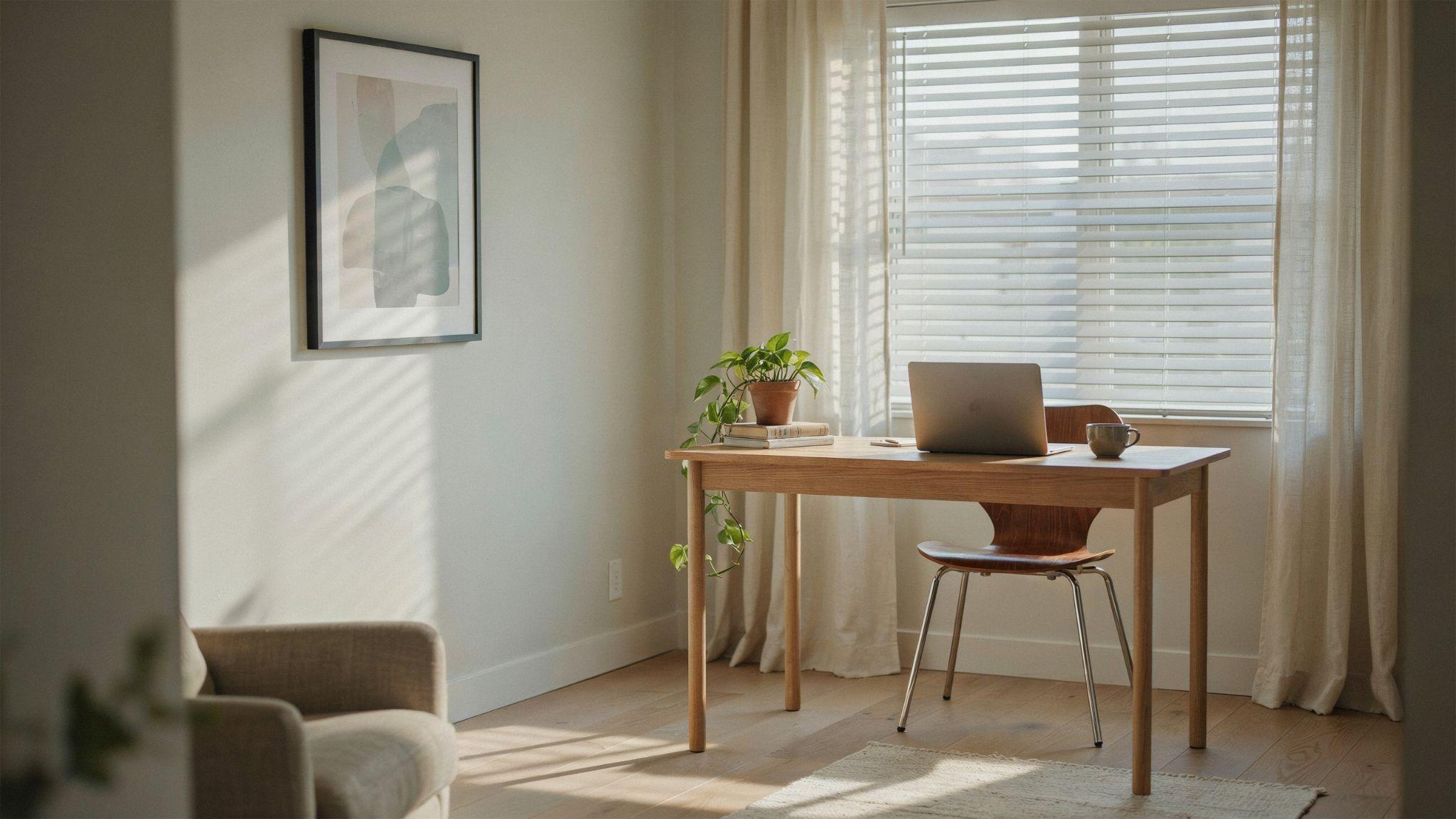 Light-filtering curtains layered over Venetian blinds.