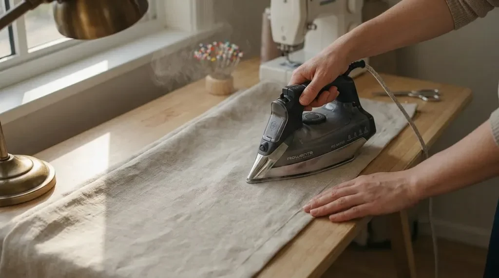 Pressing curtain seams with an iron for a polished and professional appearance.