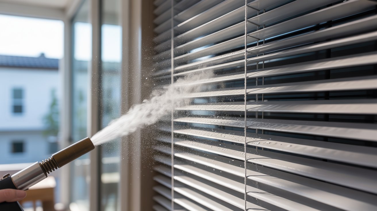 Spot cleaning stain on honeycomb blinds using damp cloth and mild soap