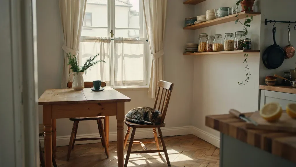 Café curtains covering lower window in a cozy kitchen allowing natural light.