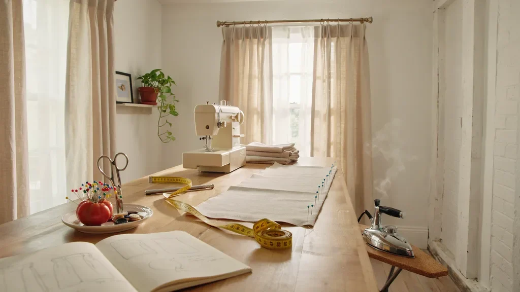 DIY curtain sewing process showing fabric preparation, stitching, and finished window curtains.