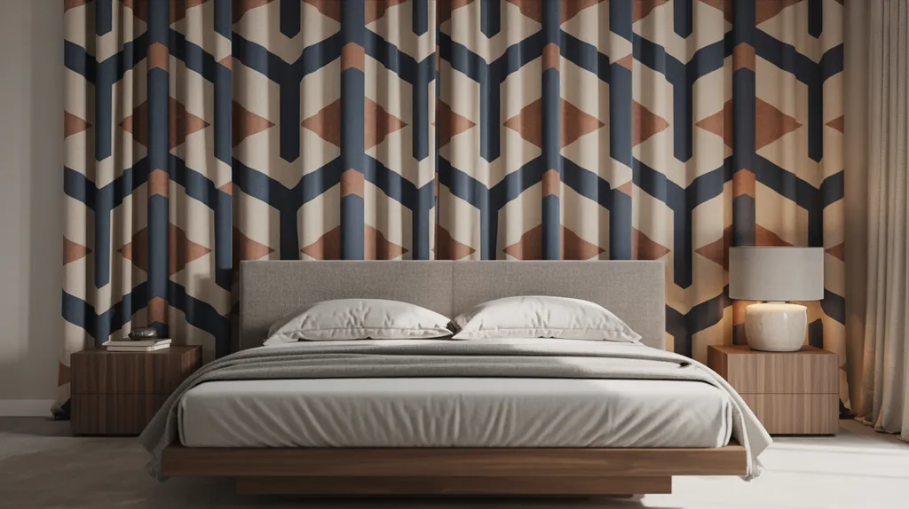 Bedroom with bold patterned curtains acting as a statement wall behind the bed.