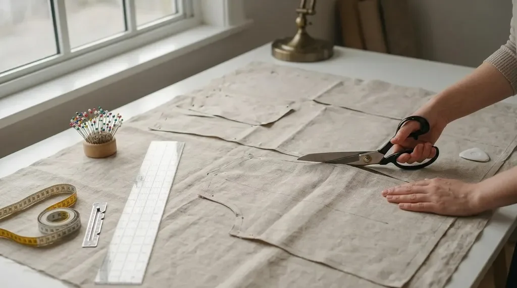 Cutting curtain fabric to size using accurate measurements and fabric scissors.