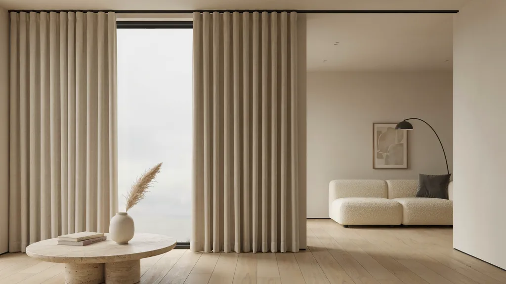 Inverted box pleat curtains with hidden back folds creating a flat smooth front surface ideal for minimalist spaces that need a clean and uncluttered curtain appearance.