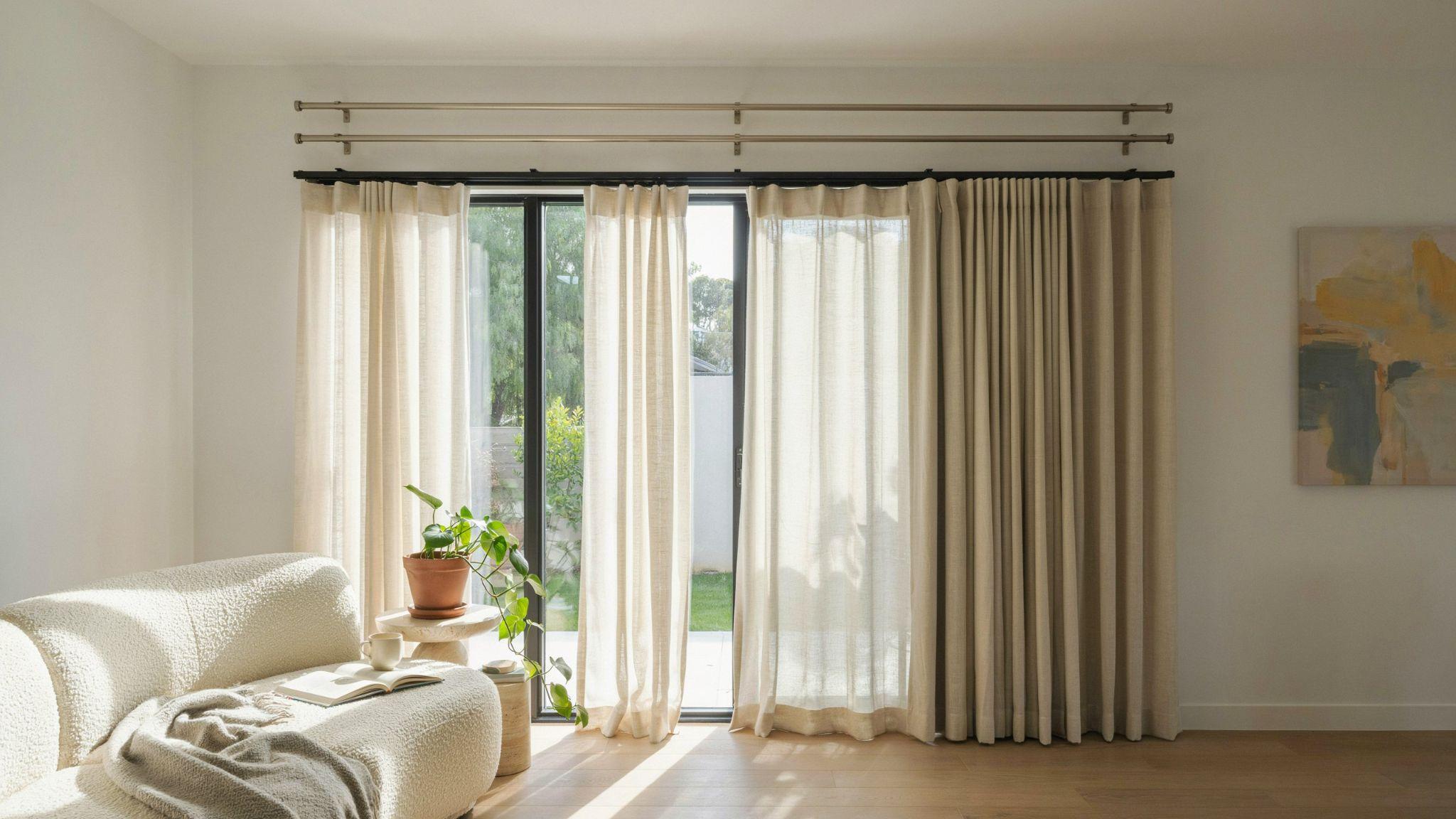 Two lightweight curtain rods creating a layered window treatment with separate curtain panels