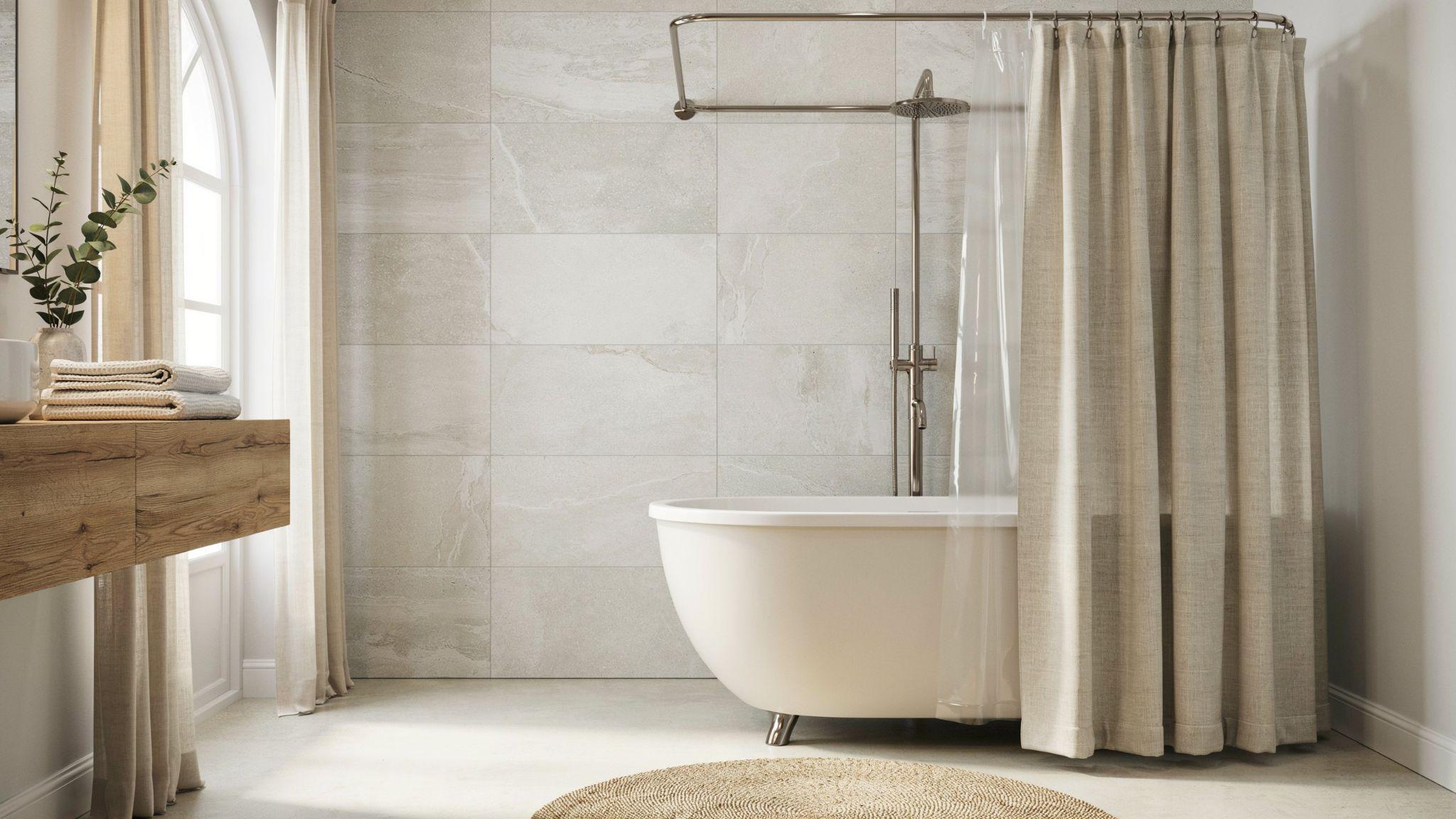 Side-by-side comparison of decorative shower curtain and waterproof liner in a modern bathroom.