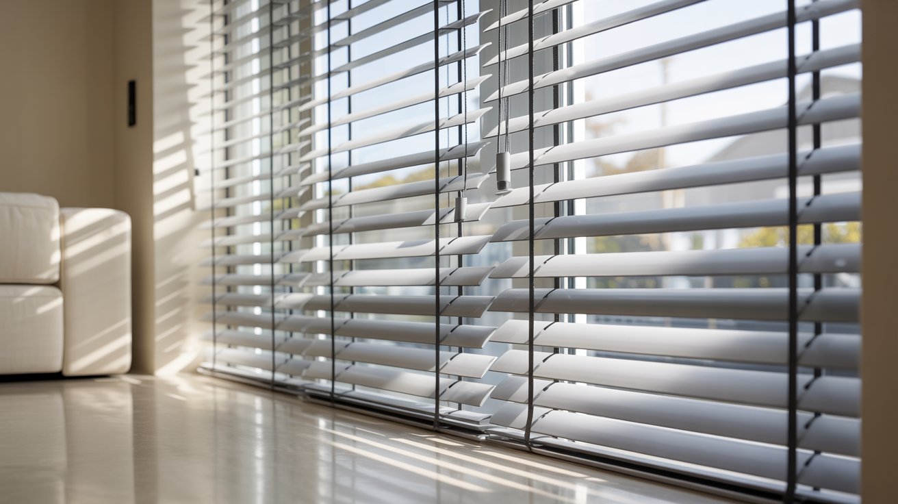 "Modern window blinds in a living room showing proper setup before lowering blinds safely and correctly."