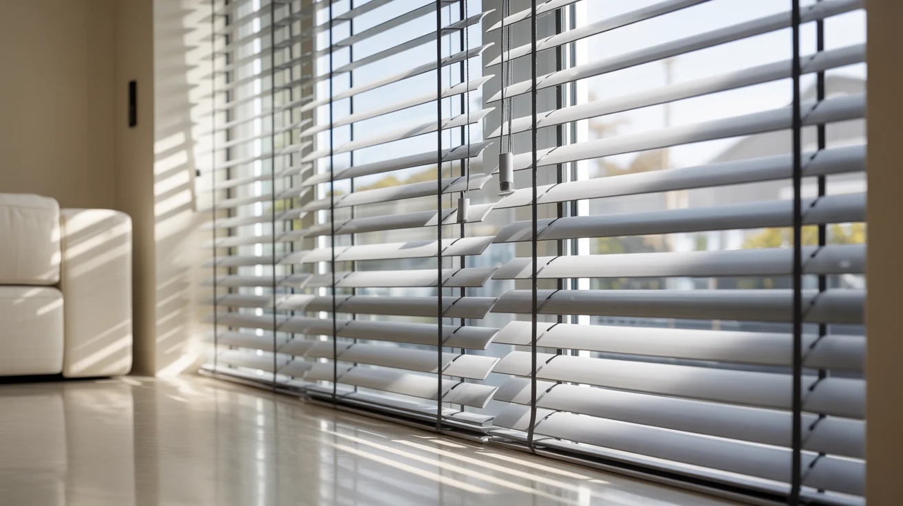 "Modern window blinds in a living room showing proper setup before lowering blinds safely and correctly."