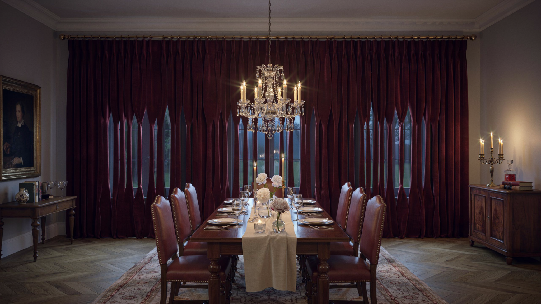 dining room with goblet pleat curtains shaped like wine glasses creating luxurious formal window treatment.
