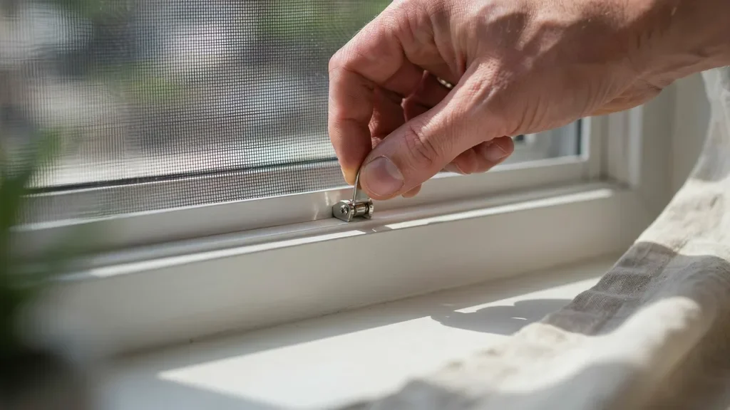 "Close-up of hands releasing a window screen latch on a window frame using a gentle pressing motion."