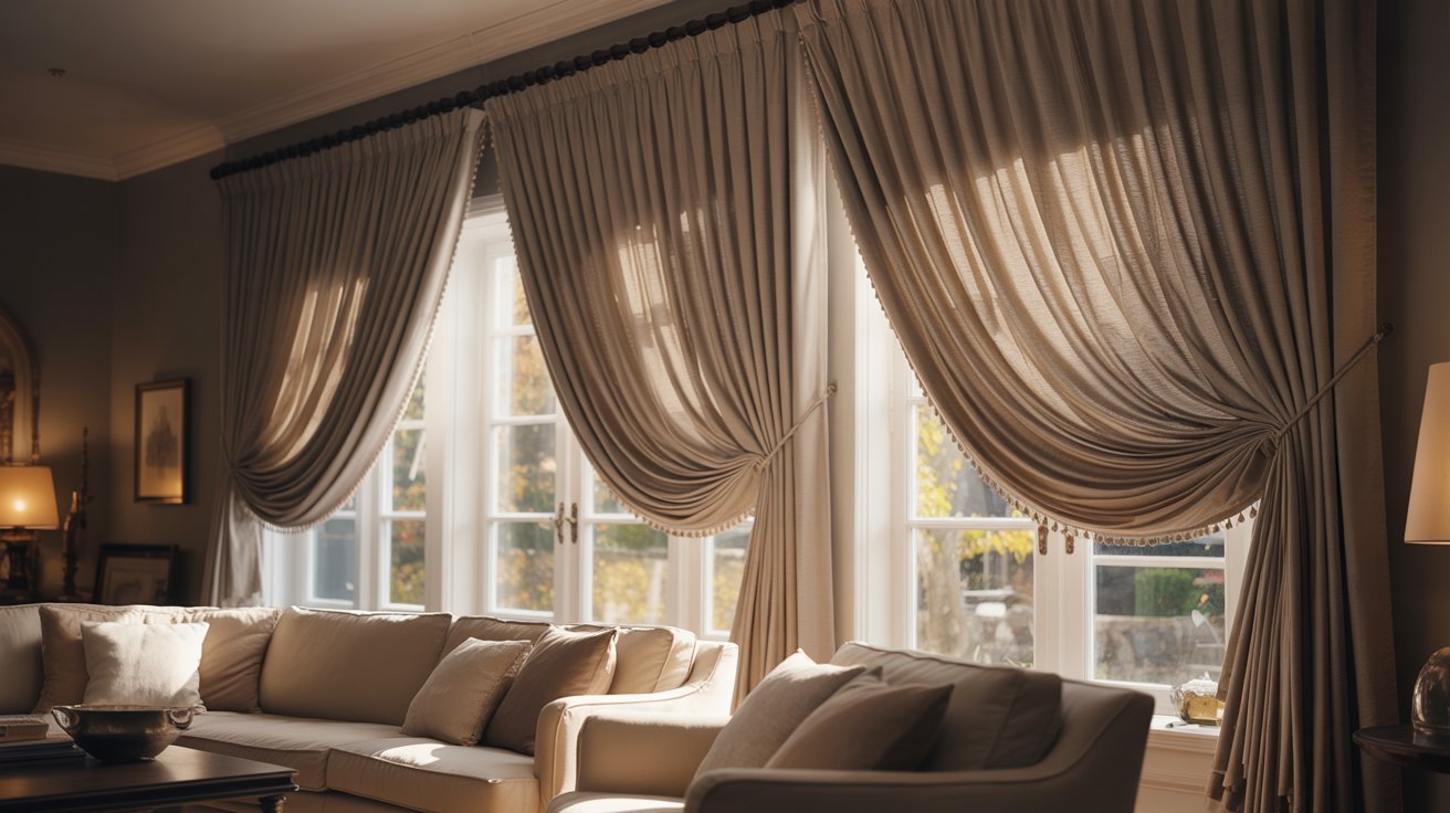 "Traditional living room with pencil pleat curtains featuring evenly gathered folds and timeless style."