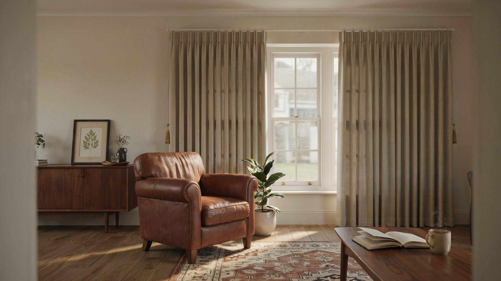 Pencil pleat curtains with gathered folds hanging neatly on a curtain track system