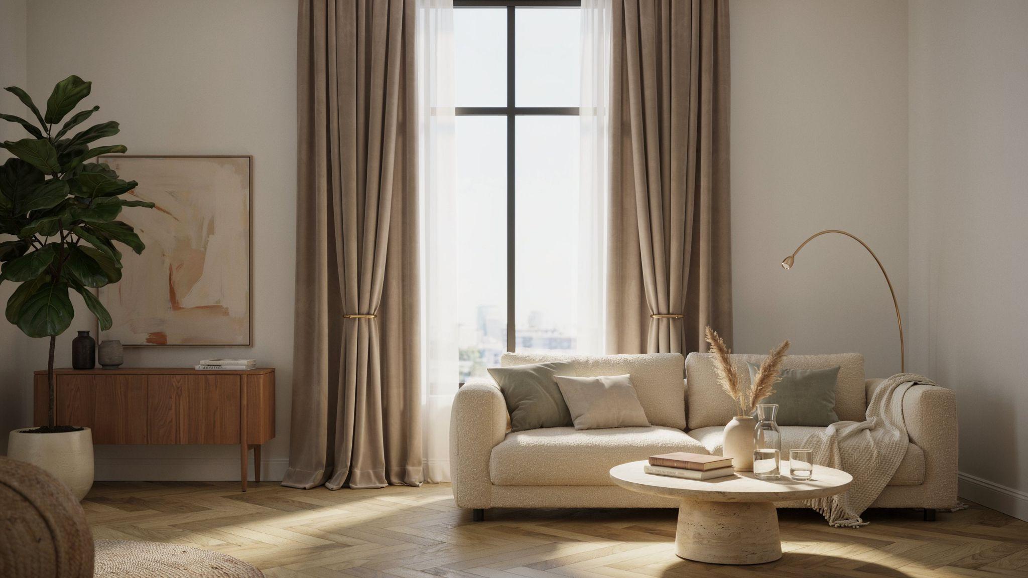 Double panel curtains providing balanced coverage for large residential windows