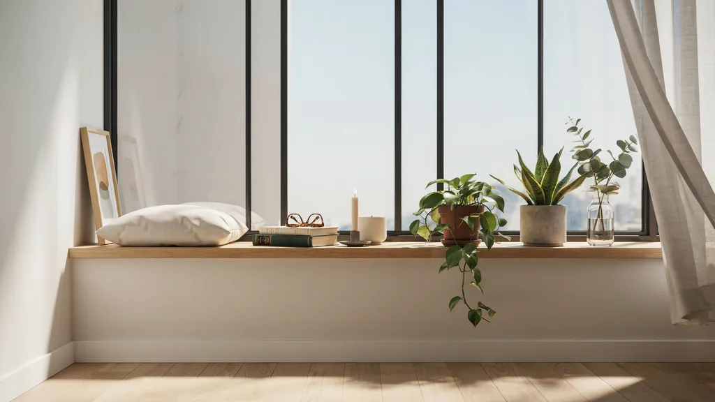 "Interior window sill styled with plants, books, and decor creating a cozy reading nook with natural light filling the room"