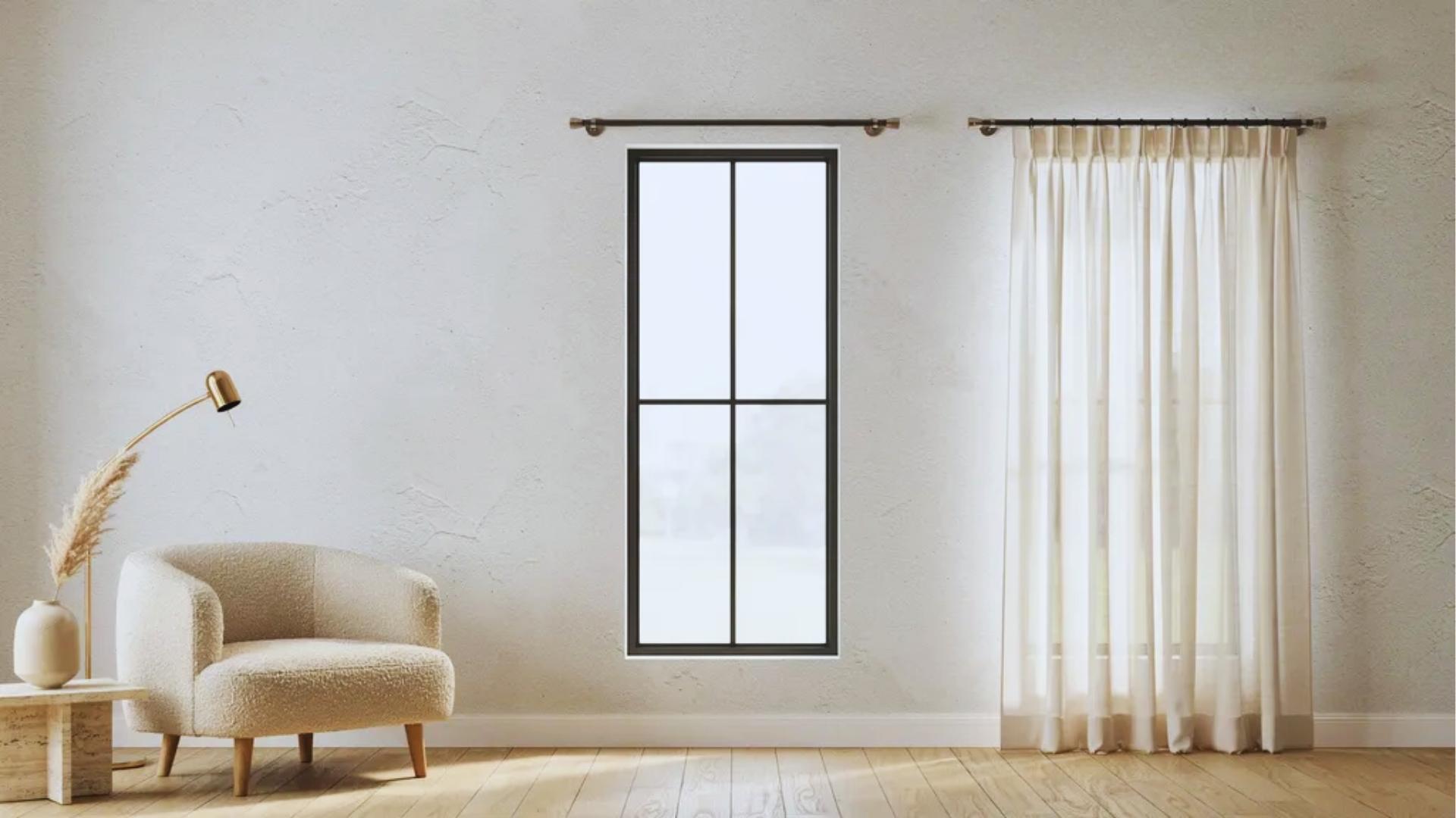 window showing different curtain rod bracket heights above frame demonstrating standard and high placement for visual impact.