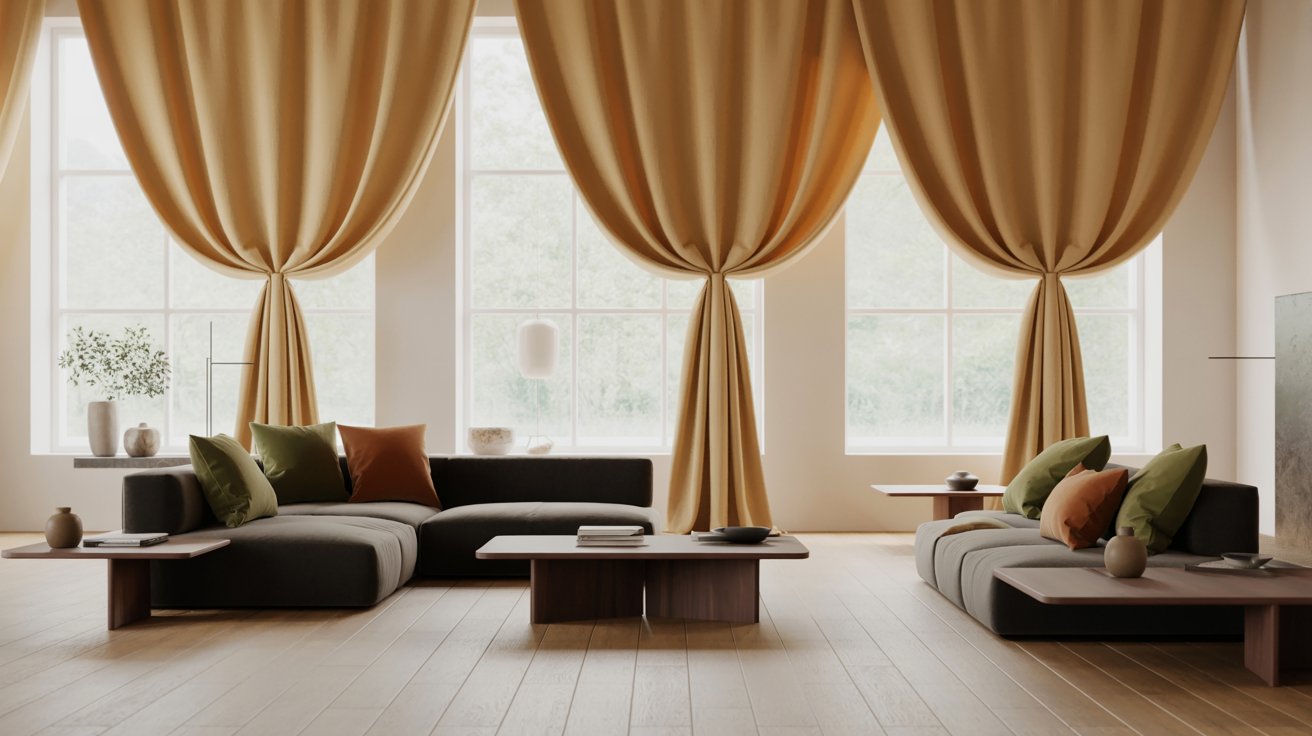 "Minimalist living room with simple solid color curtains in neutral tones creating a clean and timeless window design."