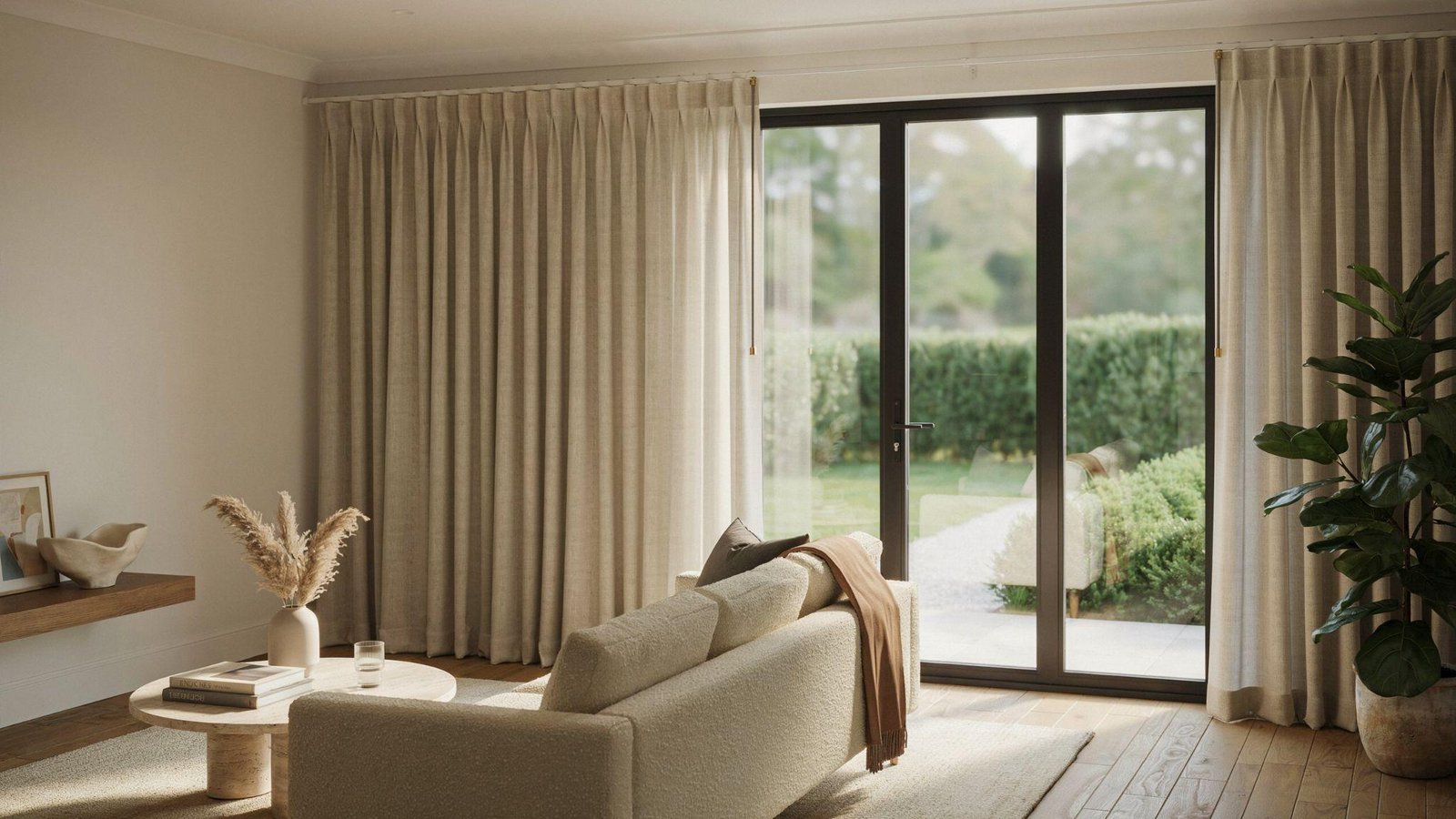 Pull string curtains operating smoothly on wide windows with hidden hardware and heavy drapes