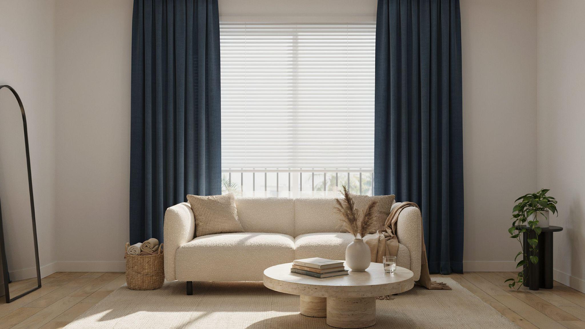 Navy curtains paired with white blinds for contrast.