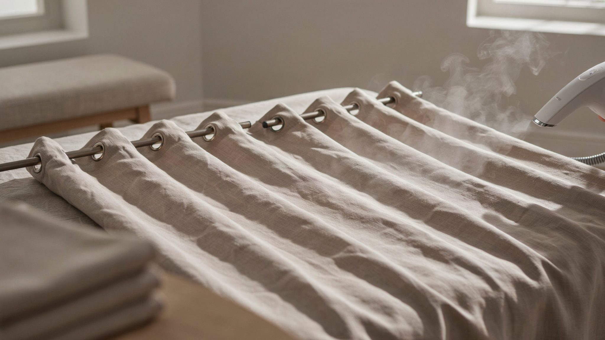 "Grommet curtains laid flat and steamed showing even eyelets and smooth fabric preparation before hanging"