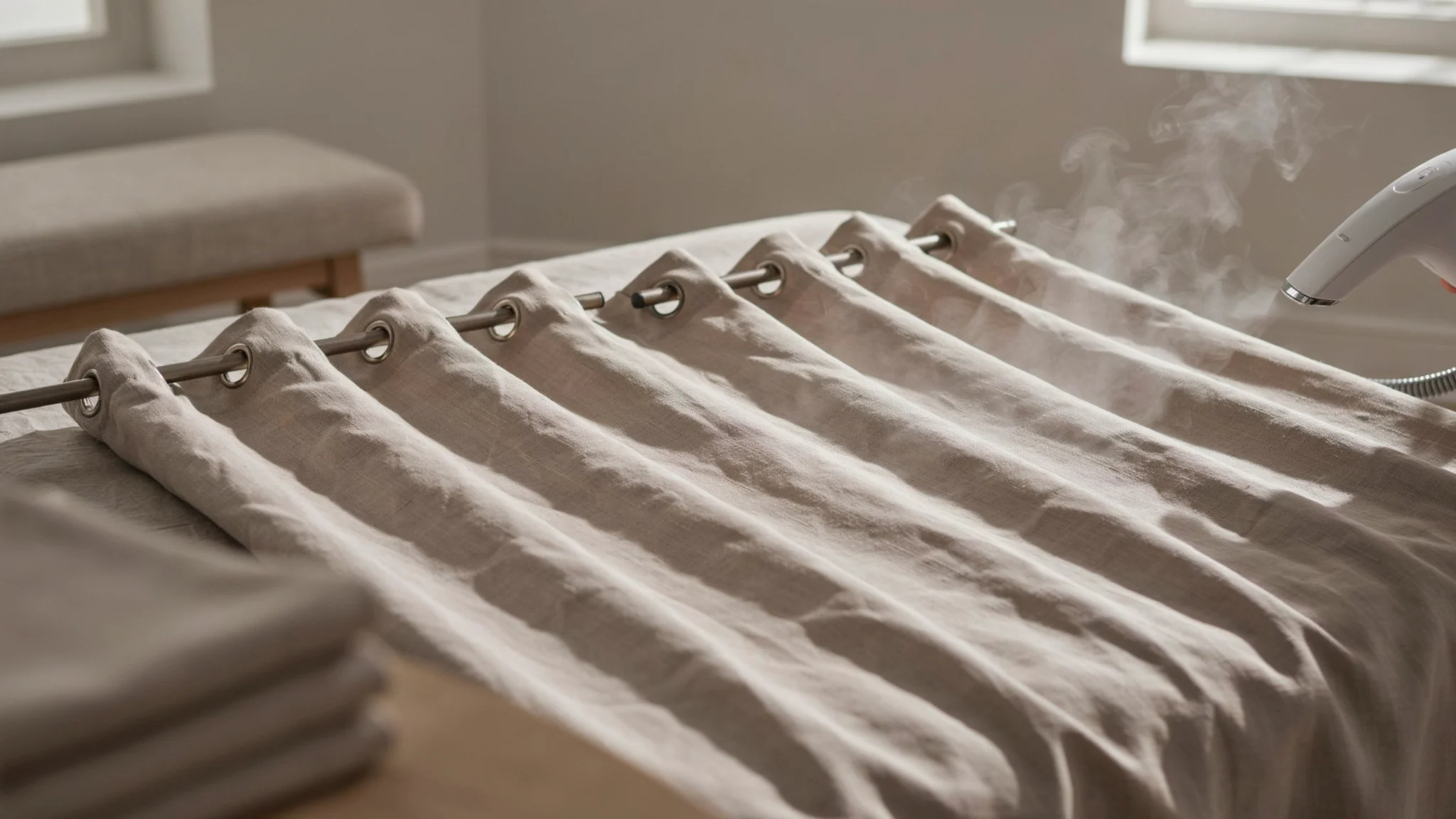 "Grommet curtains laid flat and steamed showing even eyelets and smooth fabric preparation before hanging"