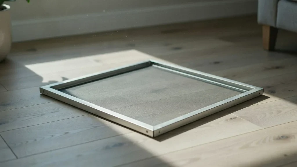 "Window screen laid flat on a clean surface after removal, stored properly to prevent frame warping."