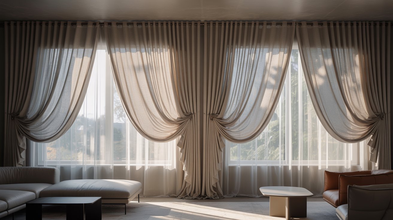"Modern living room with layered curtains combining sheer and heavy panels for flexible light control and depth."
