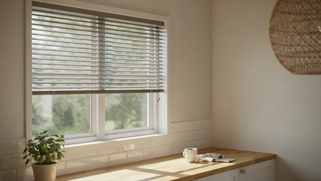 Sleek aluminum Venetian blinds in a modern office setting, with metallic horizontal slats reflecting light for a minimalist look.