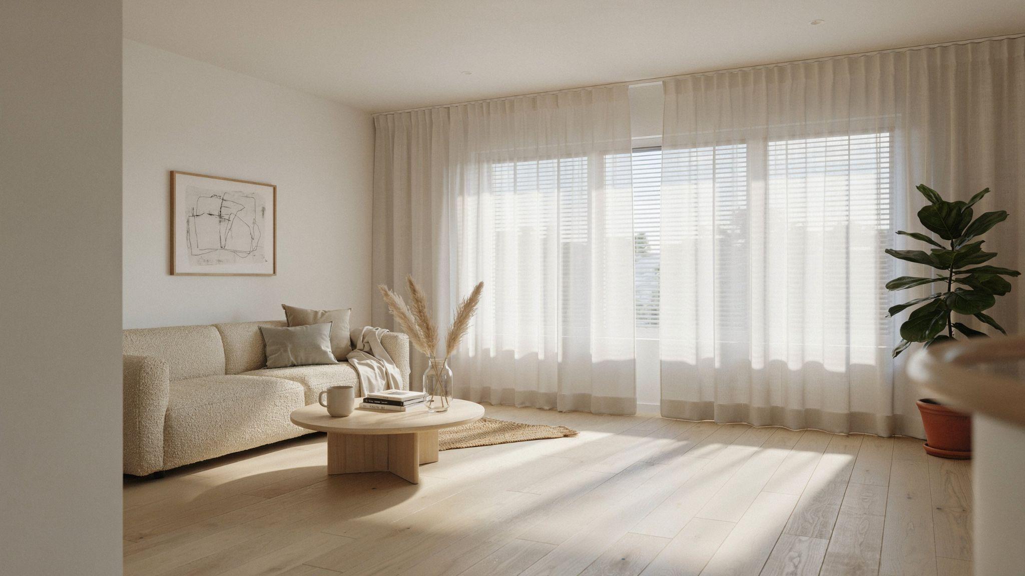 Floor-to-ceiling white curtains layered over white blinds.