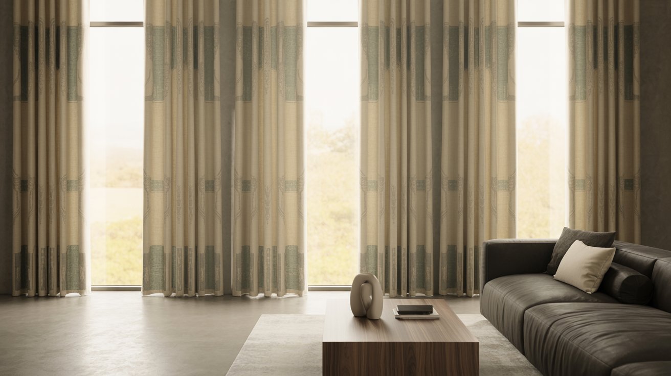 "Modern living room with printed curtains featuring subtle patterns that add personality as a statement window treatment."