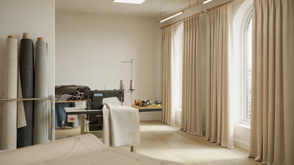 Curtain materials, sewing work, and finished drapes showing factors that increase curtain costs.