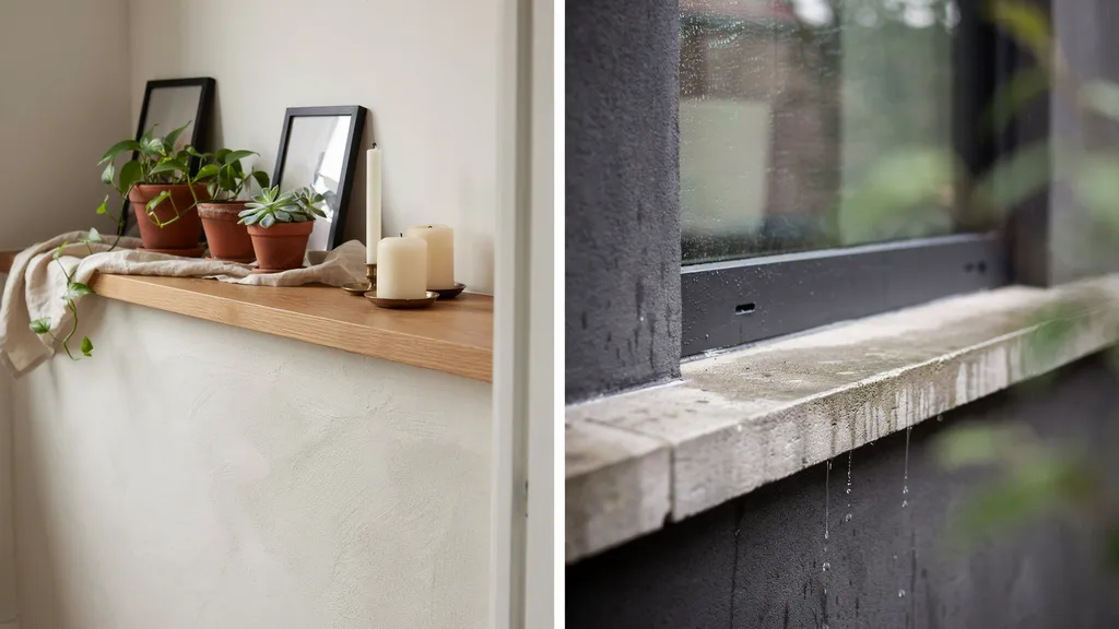 "Split view of interior and exterior window sills showing decorative indoor use and weather-resistant outdoor design with rainwater drainage"