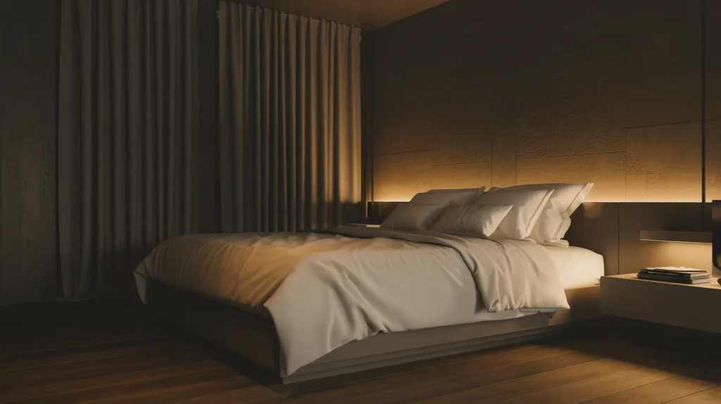 Dark curtains behind bed creating a moody and cozy bedroom atmosphere.