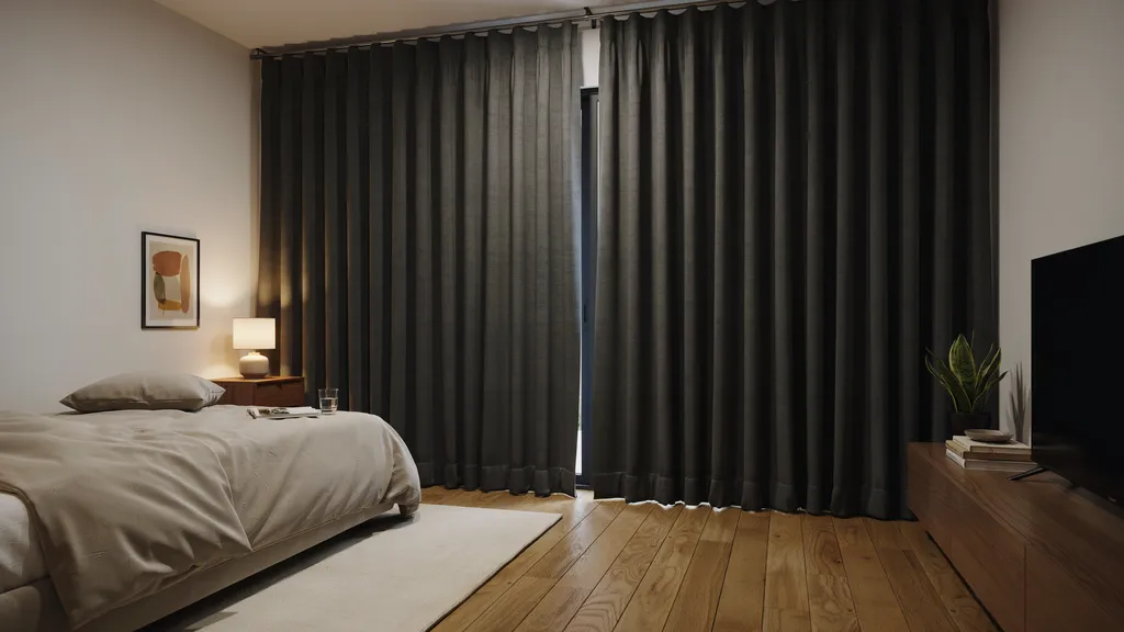 Blackout curtains over vertical blinds providing full privacy and light control.