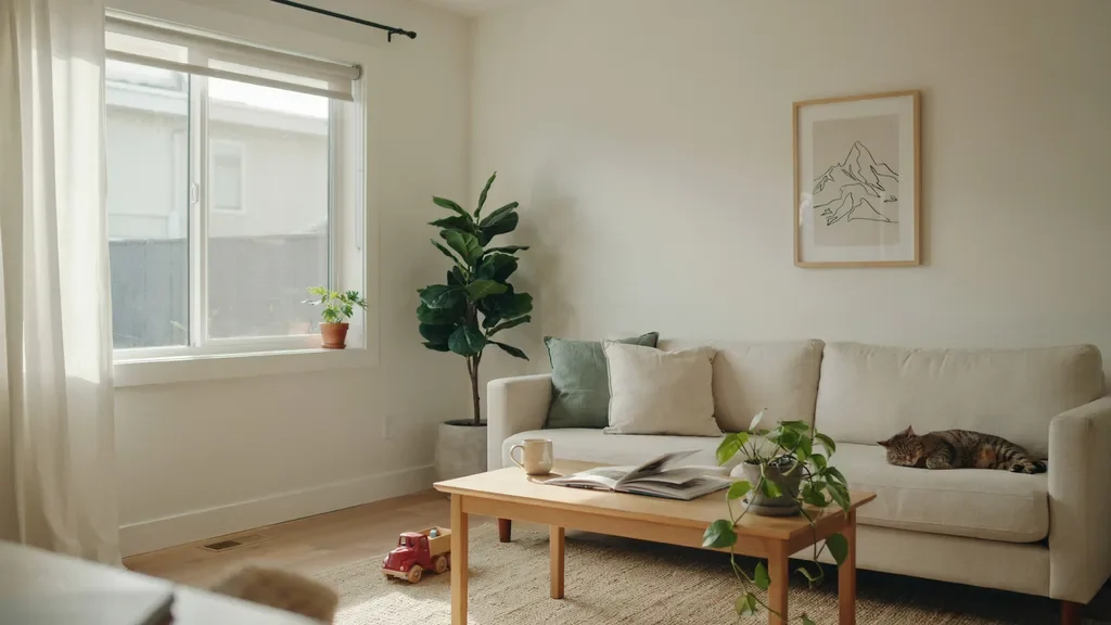 Cordless blinds in a family living room