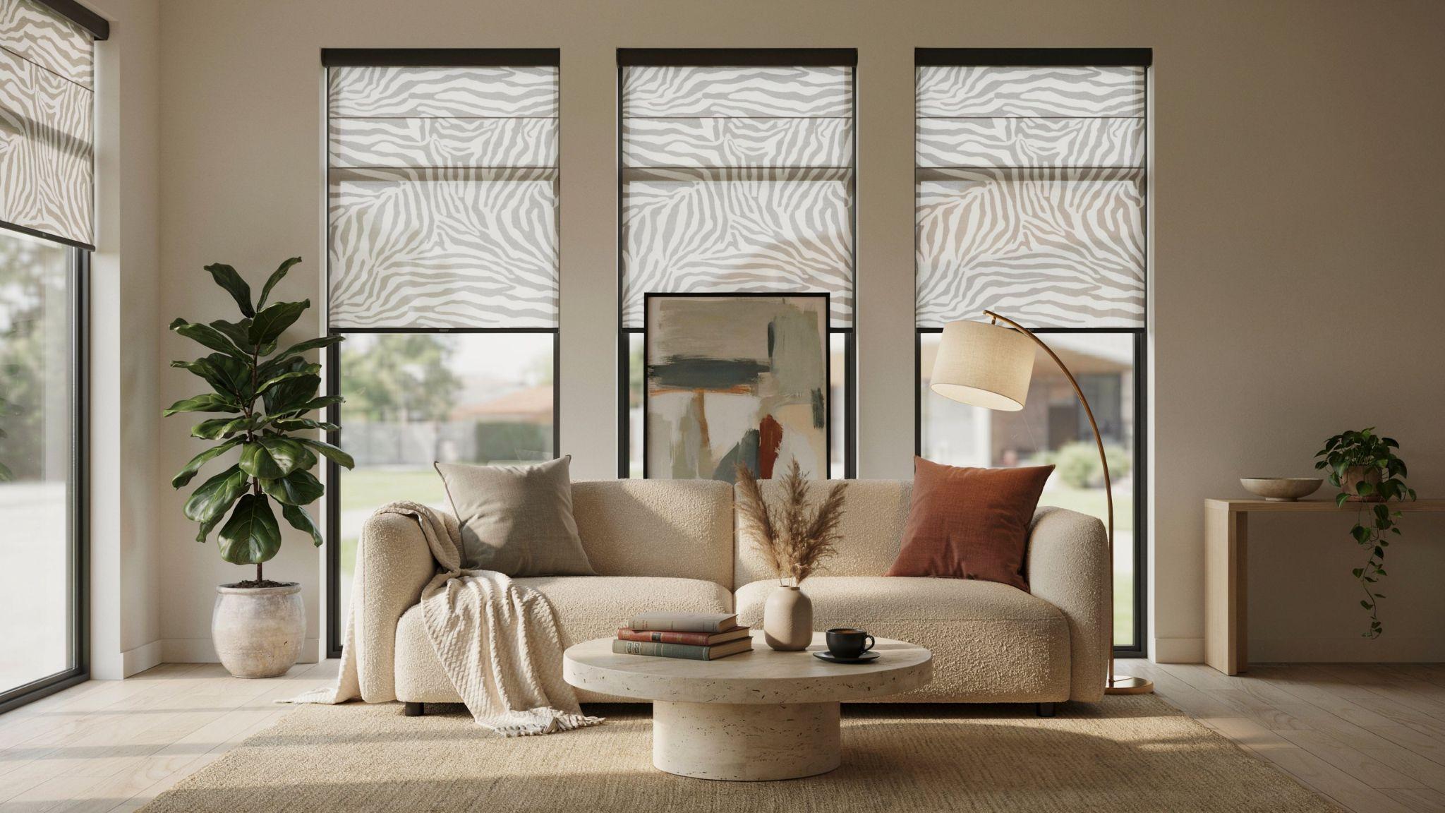 Zebra blinds providing flexible light control for three aligned windows.