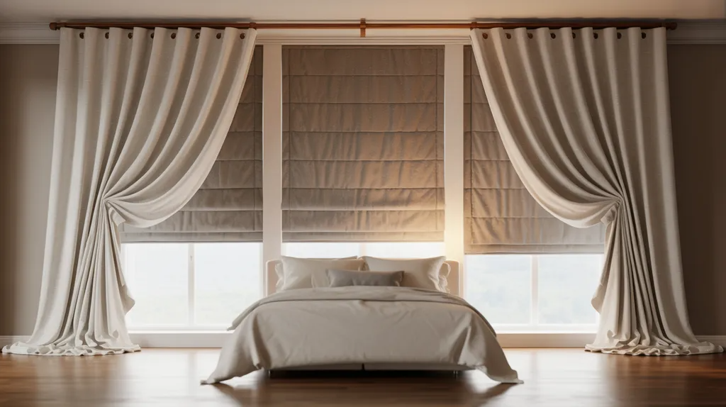 Layered curtains and roman shades behind bed for stylish light control.