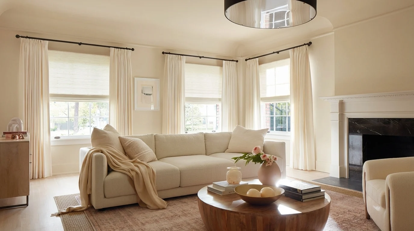 Three black curtain rods installed 4-6 inches above each window and extending 8-10 inches wider than the frames.