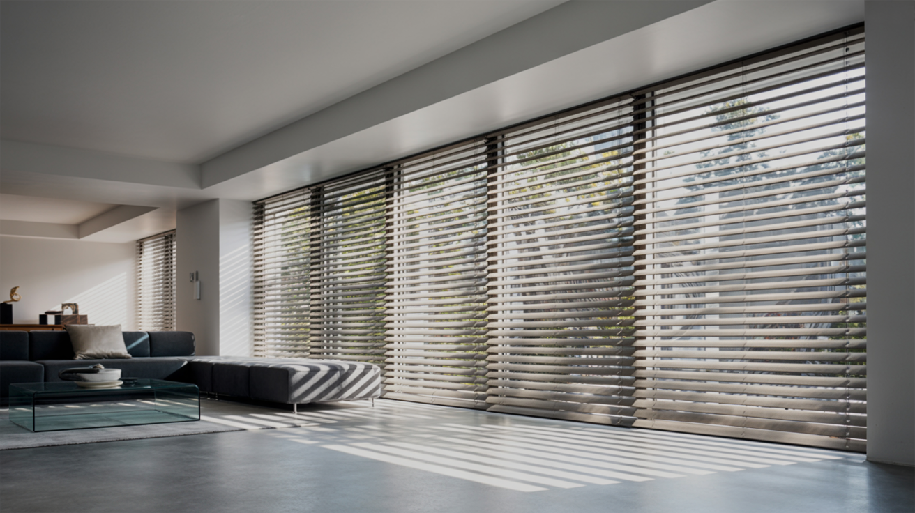 "Motorized smart blinds automatically lowered in a modern home with sleek automated window coverings."