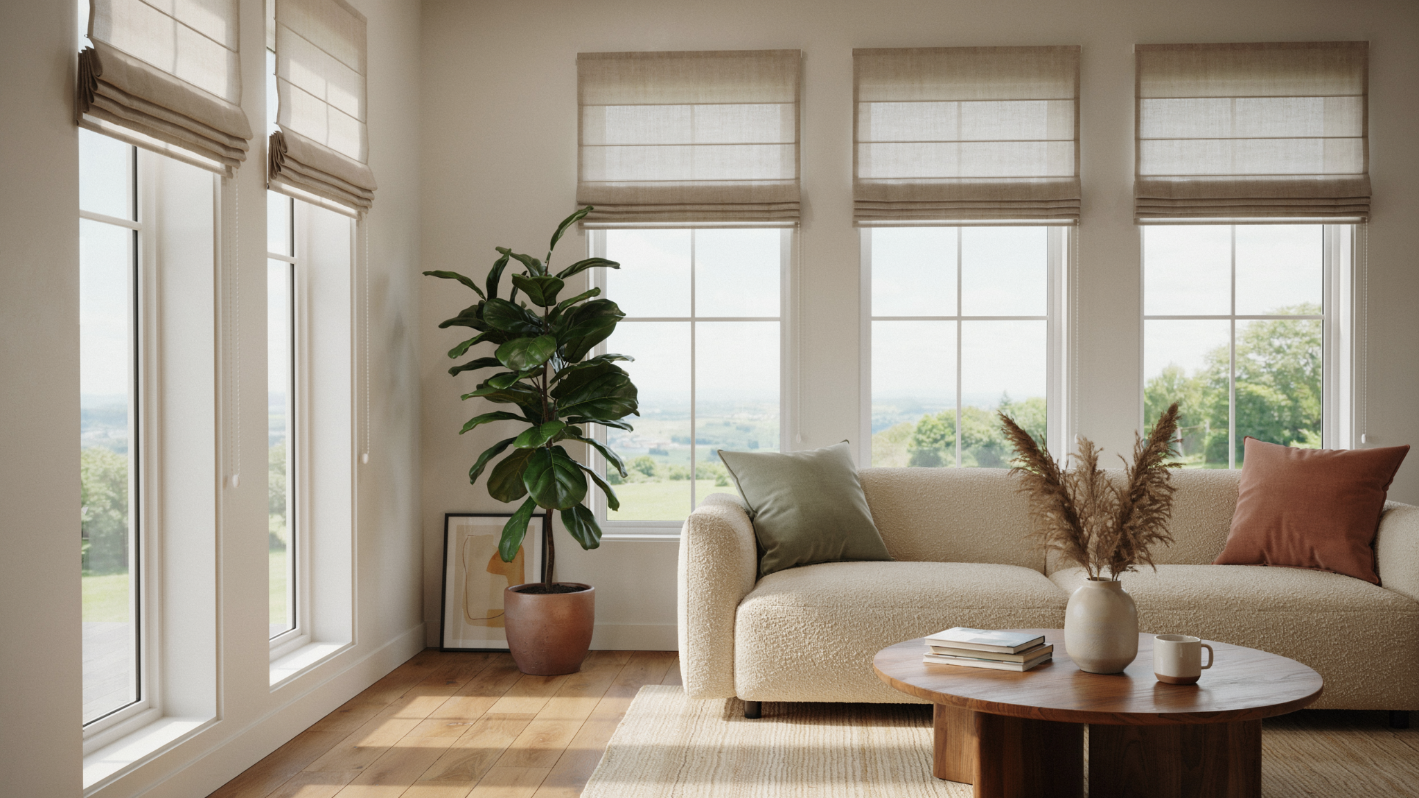 Three windows with individual Roman shades in a realistic modern room.
