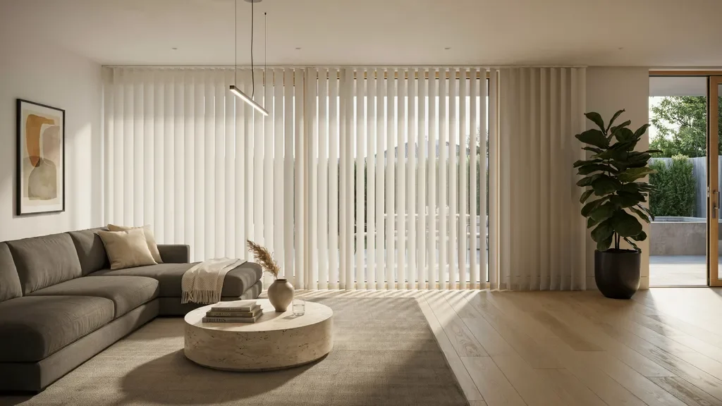 Vertical blinds on large living room windows