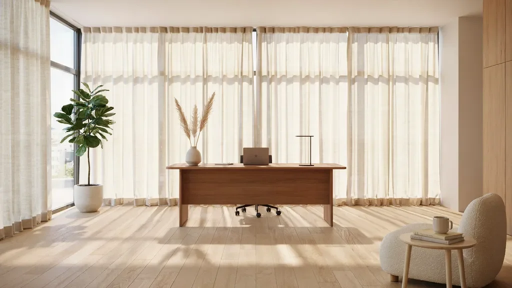 Wave curtains with smooth flowing wave design in a minimalist office space.