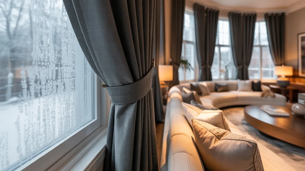 Living room showing blackout curtains trapping warm air between window and fabric.