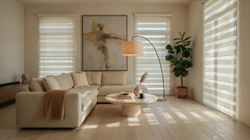 Zebra blinds in a contemporary living room