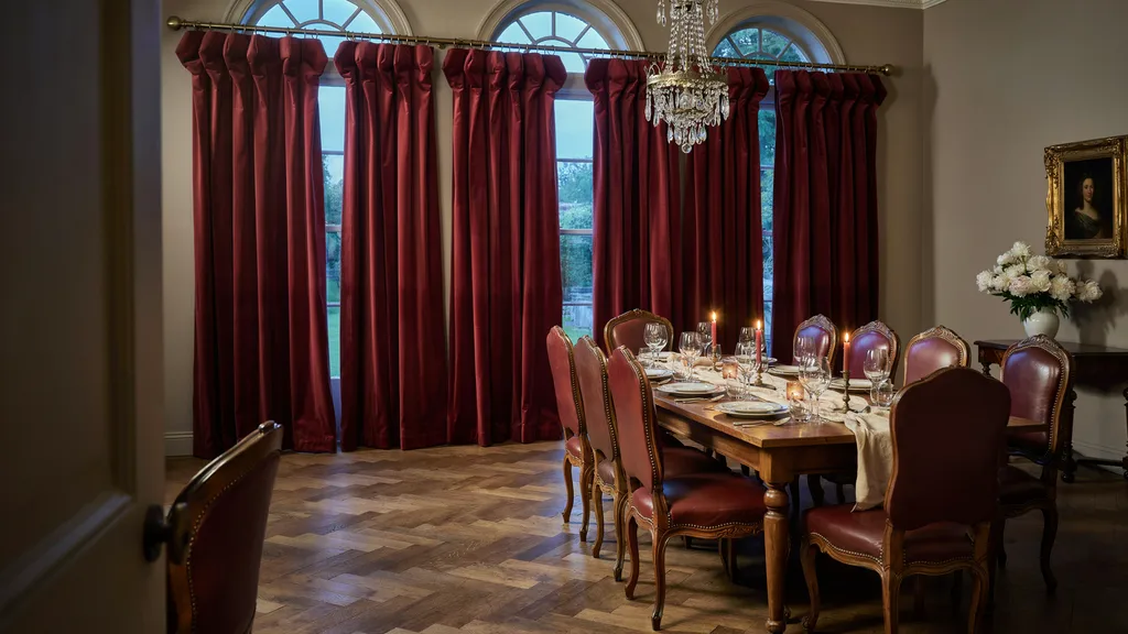 Goblet pleat curtains with cup shaped folds at the top creating a rich decorative look perfect for formal rooms and high end interiors with luxurious fabric choices.
