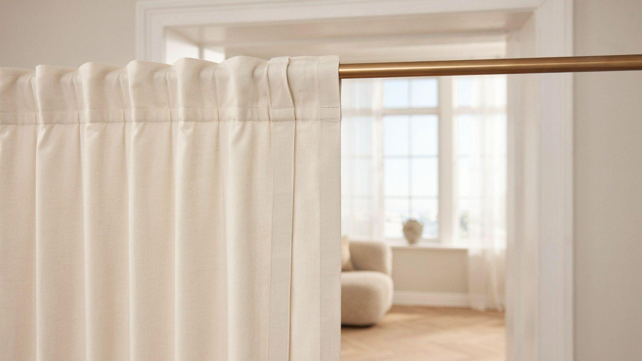 Curtain rod sliding through hidden back tab loops forming evenly spaced curtain folds